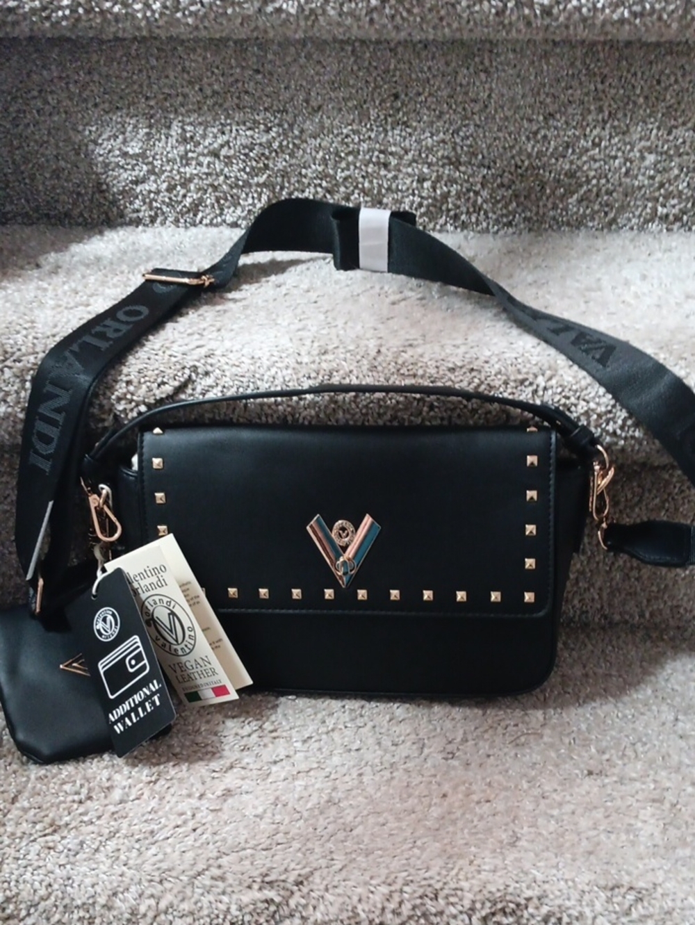 Valentino Orlandi Vegan Leather Black Crossbody Bag with Gold-Tone Studs